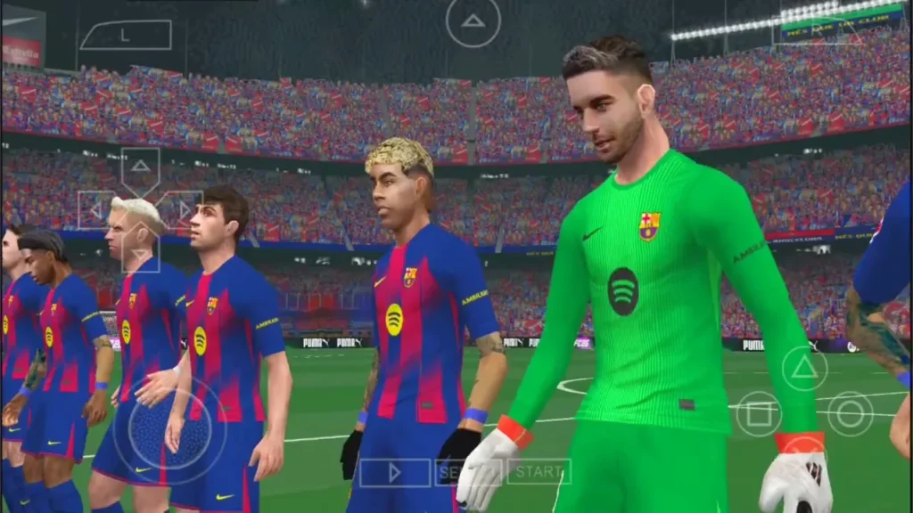 EA Sports FC 26 PSP ISO gameplay showing a PS5-style broadcast camera during an El Clásico match on Android.