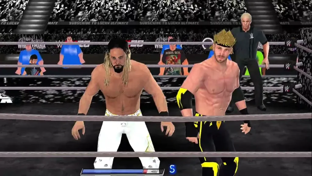 WWE 2K26 PPSSPP ISO HIGHLY COMPRESSED OFFLINE 2 WWE 2K26 PPSSPP gameplay showing two wrestlers fighting in the ring while a referee watches.