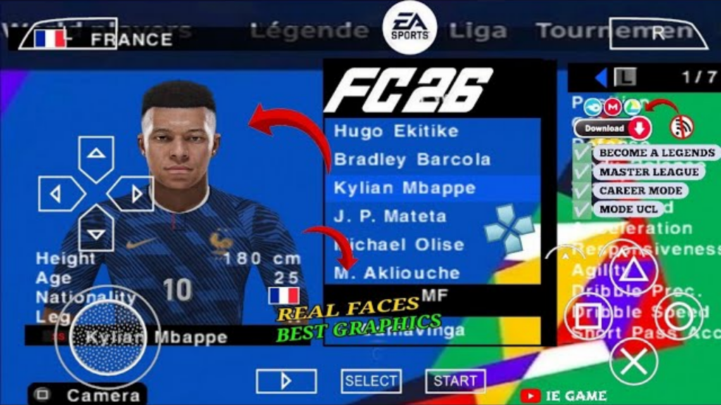 EA Sports FC 26 PSP V2 gameplay showing a long-range goal in the Champions League final with a PS5 broadcast camera.