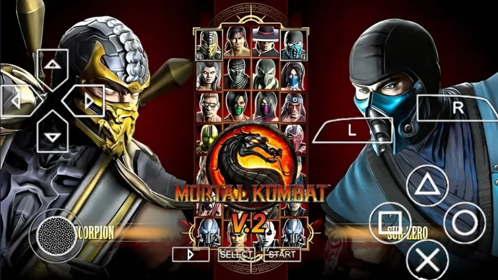 The character selection menu of the Mortal Kombat 9 PPSSPP Mod showing the 2011-style icons and unlocked rosters.