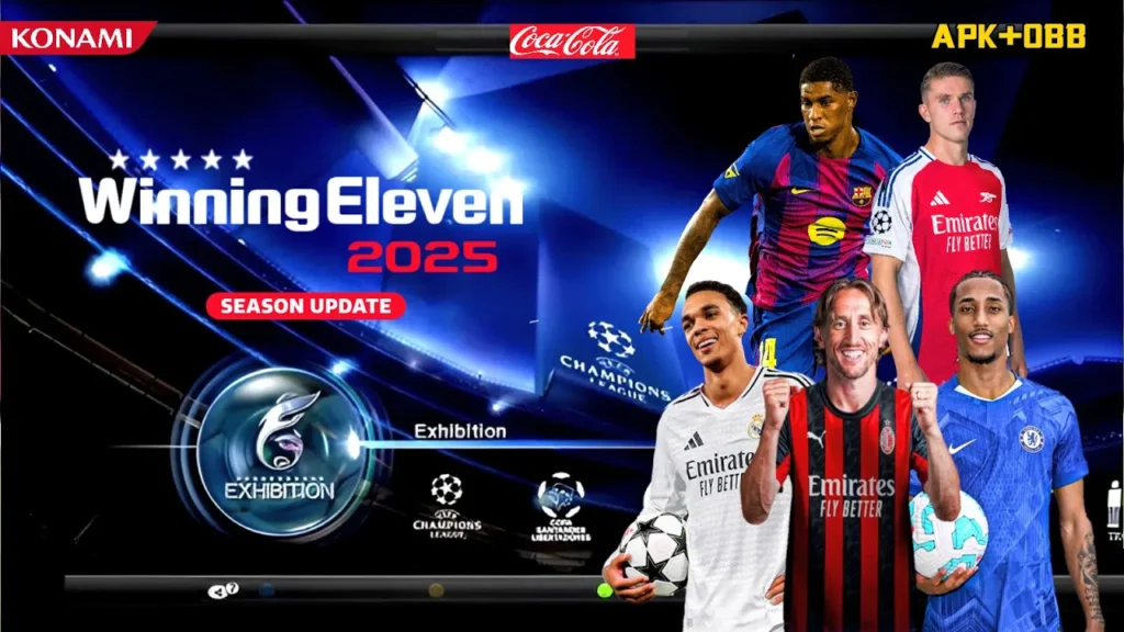 Winning Eleven 2025 gameplay screenshot showing realistic player models and stadium environment on Android